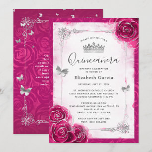 Invitation Elégant argent floral et Fuchsia Quinceanera