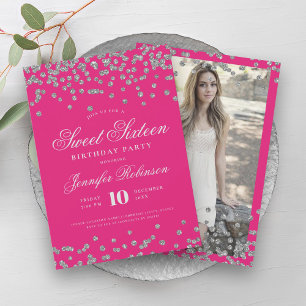 Invitation Élégant Argent Hot rose Confetti Photo Sweet 16