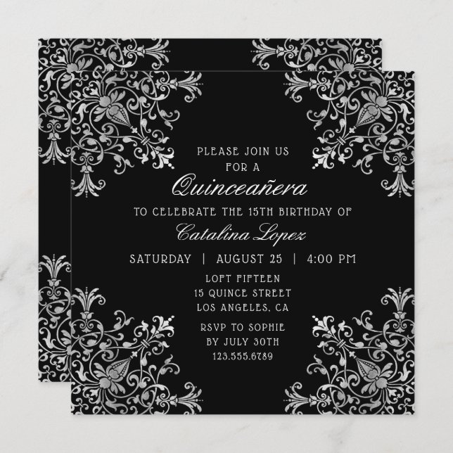 Invitation Elégant argent noir Ornate Floral Quinceañera (Devant / Derrière)