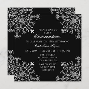 Invitation Elégant argent noir Ornate Floral Quinceañera
