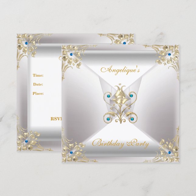 Invitation Elégant Argent Or Blanc Bleu Bijou Anniversaire (Devant / Derrière)