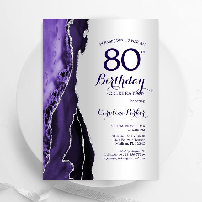 Invitation Elégant Argent Purple Agate 80e anniversaire (Créateur téléchargé)