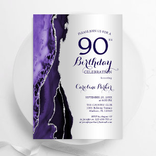 Invitation Elégant Argent Purple Agate 90e anniversaire