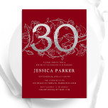 Invitation Elégant Argent Rouge 30e anniversaire<br><div class="desc">Elégante invitation de fête de 30e anniversaire en argent rouge. Design féminin moderne et personnalisable,  avec des accents botaniques de roses et de l'argent faux brillant. Carte invitation florale simple parfaite pour une célébration anniversaire élégante. Personnalisez avec vos propres détails. Invitations Zazzle imprimées ou téléchargement instantané modèle imprimable numérique.</div>