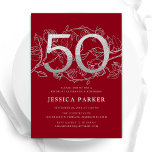 Invitation Elégant Argent Rouge 50e anniversaire<br><div class="desc">Elégante invitation à la fête du 50e anniversaire en argent rouge. Design féminin moderne et personnalisable avec des accents botaniques rose et de la fausse parties scintillant argent. Carte invitation florale simple parfaite pour une célébration anniversaire élégante. Personnalisez avec vos propres détails. Invitations Zazzle imprimées ou téléchargement instantané modèle imprimable...</div>