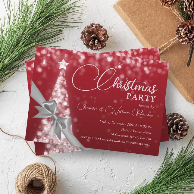 Invitation Élégant Argent Rouge Chatoyant Noël Arbre (Elegant Silver Red Shimmering Xmas Tree Holiday Invitation)