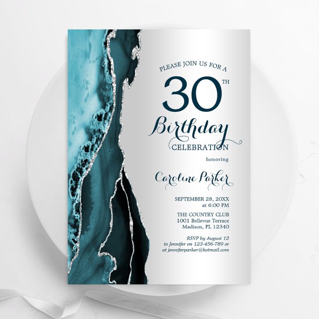 Invitation Elégant Argent Turquoise Agate 30e anniversaire (Créateur téléchargé)
