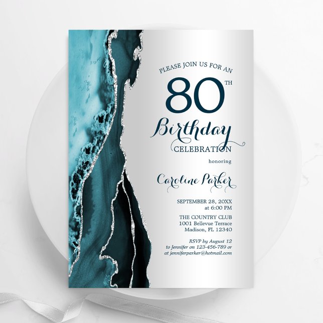 Invitation Elégant Argent Turquoise Agate 80e anniversaire (Créateur téléchargé)