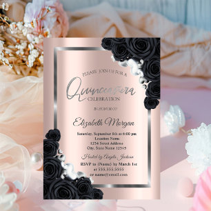 Invitation Elégant ArgentFrame, Rose noir Quinceañera