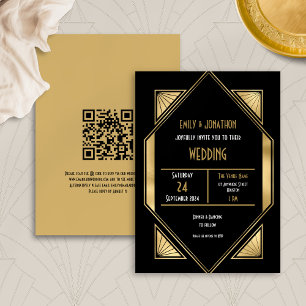 Invitation Élégant Art Déco Gold Noir QR Code Mariage