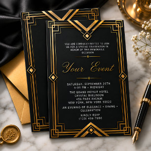 Invitation Élégant Art Déco noir et or pour toutes occasions 