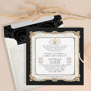 Invitation Élégant Art Déco Noir Gold Nouveau Gatsby Mariage