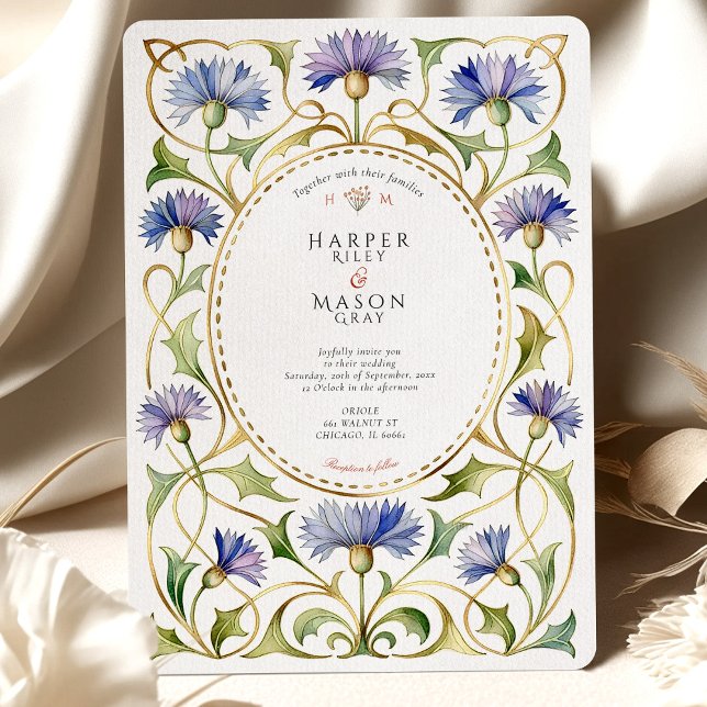 Invitation Elegant Art Nouveau Cornflower Gold Wedding (Créateur téléchargé)