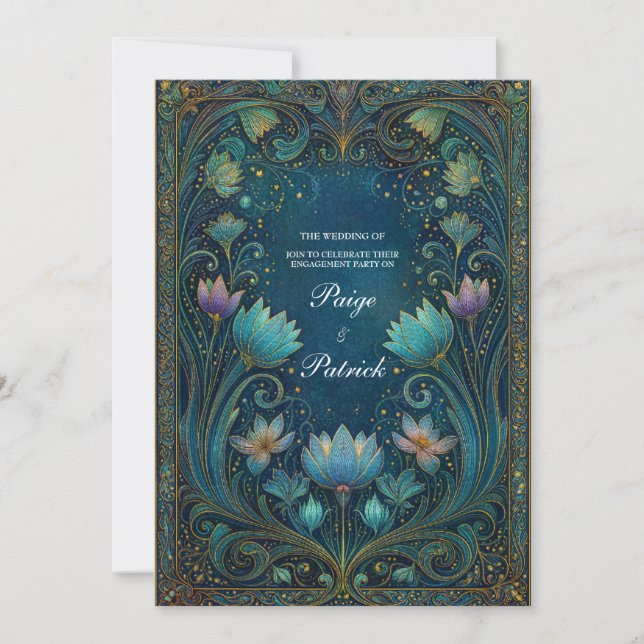 Invitation Elegant Art Nouveau Cyan Lotus Floral Wedding (Devant)