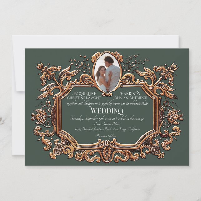 Invitation Elégant Art Nouveau Gold et Mariage photo vert (Devant)
