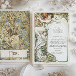 Invitation Elégant Art Nouveau Mariage Menu Dîner Mucha<br><div class="desc">Ce magnifique menu de dîner mariage présente un design Art Nouveau exquis, avec des illustrations rappelant le style emblématique d'Alphonse Mucha. La partie avant du menu met en valeur une femme sereine entourée de motifs complexes et de motifs floraux dans des tons doux et terreux de crème, d'or muet, de...</div>