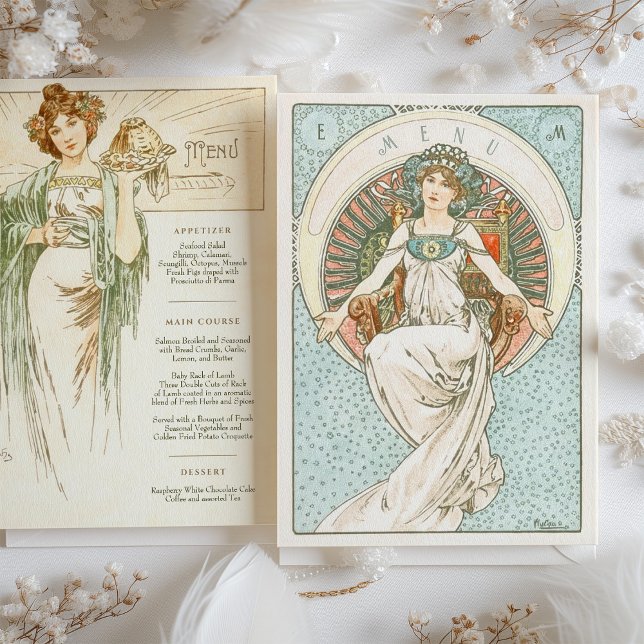 Invitation Elégant Art Nouveau Mariage Menu Dîner Mucha (Créateur téléchargé)