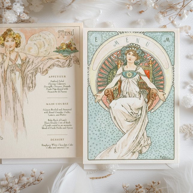 Invitation Elégant Art Nouveau Mariage Menu Dîner Mucha (Créateur téléchargé)