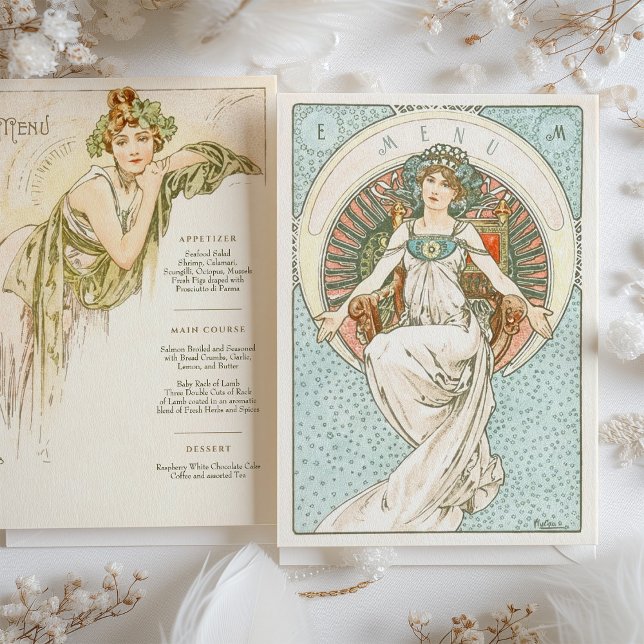Invitation Elégant Art Nouveau Mariage Menu Dîner Mucha (Créateur téléchargé)
