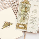 Invitation Elégant Art Nouveau Mariage Menu Dîner Mucha<br><div class="desc">Cette élégante carte de menu mariage présente un superbe design Art Nouveau inspiré des oeuvres d'Alphonse Mucha. Avec une illustration exquise d'une femme gracieuse entourée de détails complexes d'inspiration florale et naturelle, ce menu mêle beauté intemporelle et élégance romantique. L'avant présente le menu mariage en typographie raffinée, tandis que l'arrière...</div>