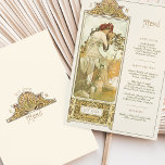 Invitation Elégant Art Nouveau Mariage Menu Dîner Mucha<br><div class="desc">Cette élégante carte de menu mariage présente un superbe design Art Nouveau inspiré des oeuvres d'Alphonse Mucha. Avec une illustration exquise d'une femme gracieuse entourée de détails complexes d'inspiration florale et naturelle, ce menu mêle beauté intemporelle et élégance romantique. L'avant présente le menu mariage en typographie raffinée, tandis que l'arrière...</div>