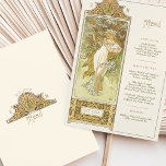 Invitation Elégant Art Nouveau Mariage Menu Dîner Mucha<br><div class="desc">Cette élégante carte de menu mariage présente un superbe design Art Nouveau inspiré des oeuvres d'Alphonse Mucha. Avec une illustration exquise d'une femme gracieuse entourée de détails complexes d'inspiration florale et naturelle, ce menu mêle beauté intemporelle et élégance romantique. L'avant présente le menu mariage en typographie raffinée, tandis que l'arrière...</div>