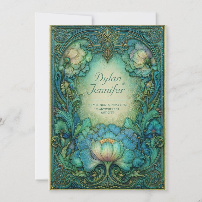 Invitation Elegant Art Nouveau Teal Floral Antique Wedding (Devant)