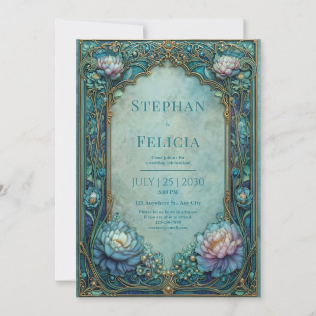 Invitation Elegant Art Nouveau Teal Floral Arched Wedding (Devant)