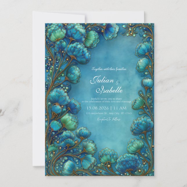 Invitation Elegant Art Nouveau Teal Scalloped Floral Wedding (Devant)