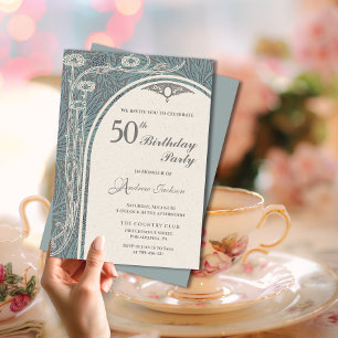 Invitation Elégant Art Nouveau Turquoise & Argent Floral Anni