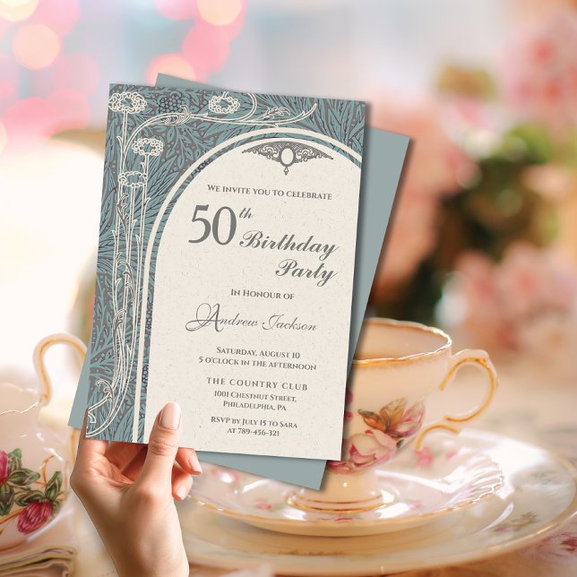 Invitation Elégant Art Nouveau Turquoise & Argent Floral Anni (Elegant Art Nouveau Teal & Silver Floral Birthday Invitation)