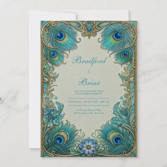 Invitation Elegant Art Nouveau Turquoise Plume Gilded Wedding (Devant)