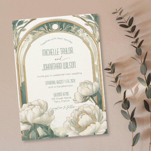Invitation Elégant Art Nouveau Vintage Peonies Blanches Mucha (elegant art nouveau gold and green frame with white peonies, white background wedding invitation)
