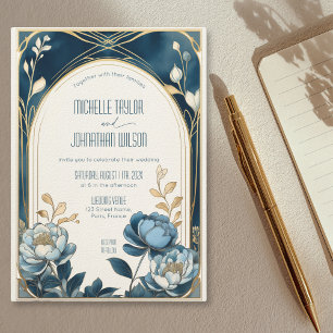 Invitation Elégant Art Nouveau Vintage Peonies Bleues Mucha
