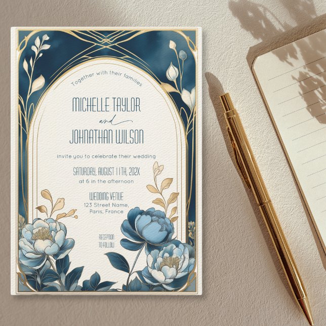 Invitation Elégant Art Nouveau Vintage Peonies Bleues Mucha (Blue peonies with an arched art nouveau frame wedding invitation)