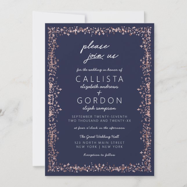 Invitation Elégant Artsy Rose bleu  Gold Mariage frontière (Devant)