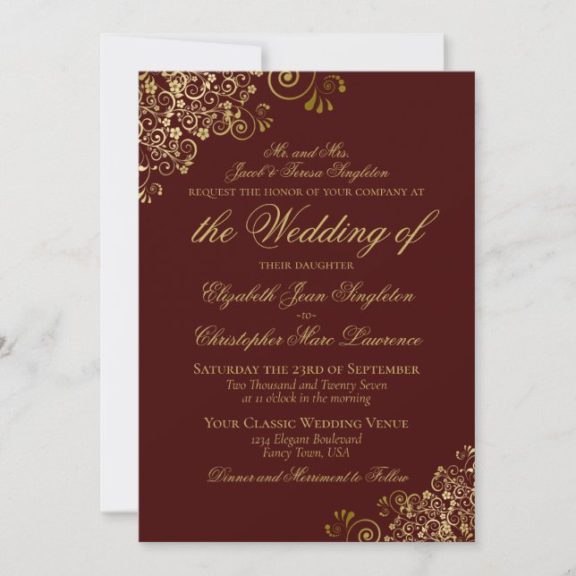 Invitation Elégant Auburn Brown & Gold Classy Mariage formel (Devant)