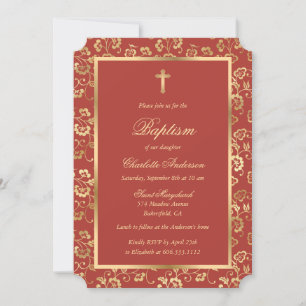 Invitation Élégant auburn et Gold Cross Floral Baptism