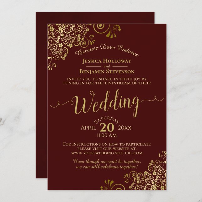 Invitation Élégant Auburn & Gold Virtual Mariage Livestream (Devant / Derrière)