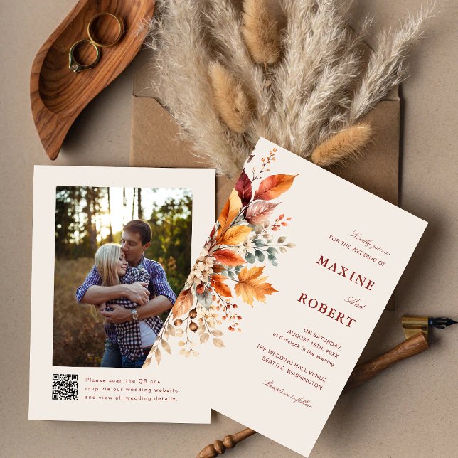 Invitation Élégant Automne Aquarelle Code QR Photo Mariage (Elegant autumn watercolor QR code invitation beautifully shares your story and details.)