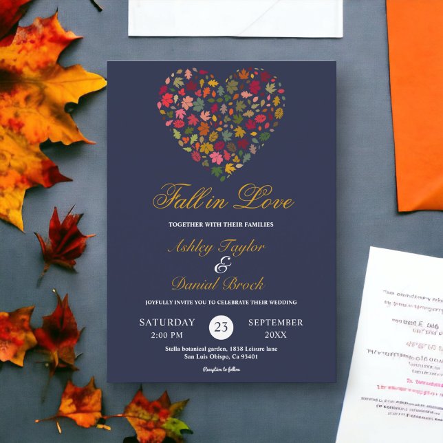Invitation Élégant automne Feuilles Coeur Marine bleu Mariage (Créateur téléchargé)