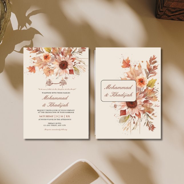 Invitation Elégant automne Floral Aquarelle Mariage musulman (Créateur téléchargé)