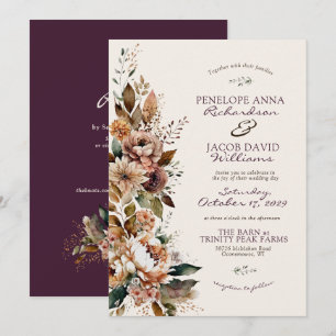 Invitation Élégant Automne Floral Plum Noir Bohème Mariage d'