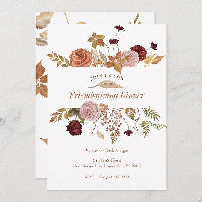 Invitation Elégant automne Floral Woodland Friendsgiving (Devant / Derrière)