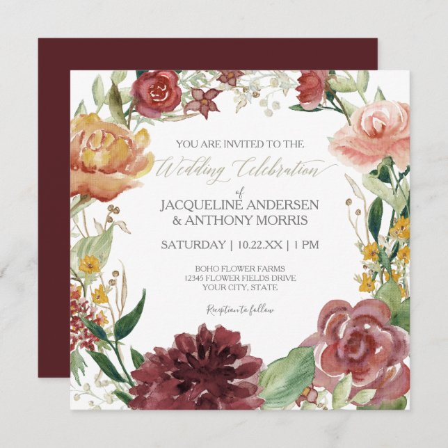 Invitation Élégant automne Mariage floral Bourgogne Blush Ros (Devant / Derrière)