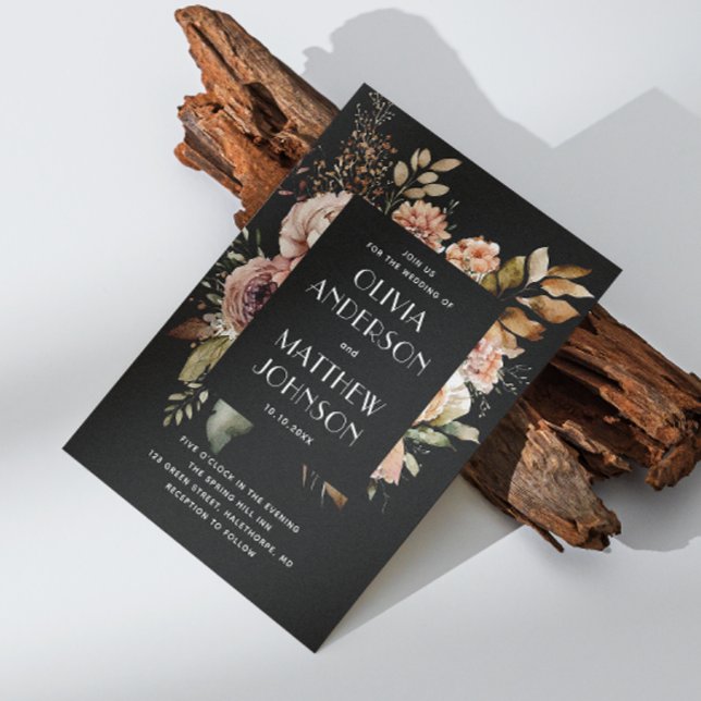 Invitation Élégant automne noir floral mariage QR détails cod (Créateur téléchargé)