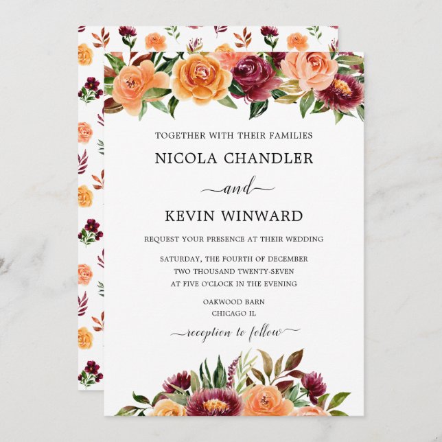 Invitation Elegant Autumn Floral Wedding (Devant / Derrière)