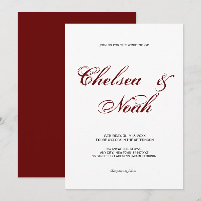Invitation Élégant avec texte calligraphique rouge bordeaux (Devant / Derrière)