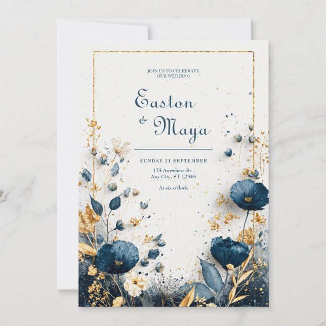 Invitation Elégant Azure Blooms Marine Gold Floral Mariage (Devant)