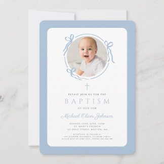Invitation Elegant Baby Blue Bow Photo Boy Baptism